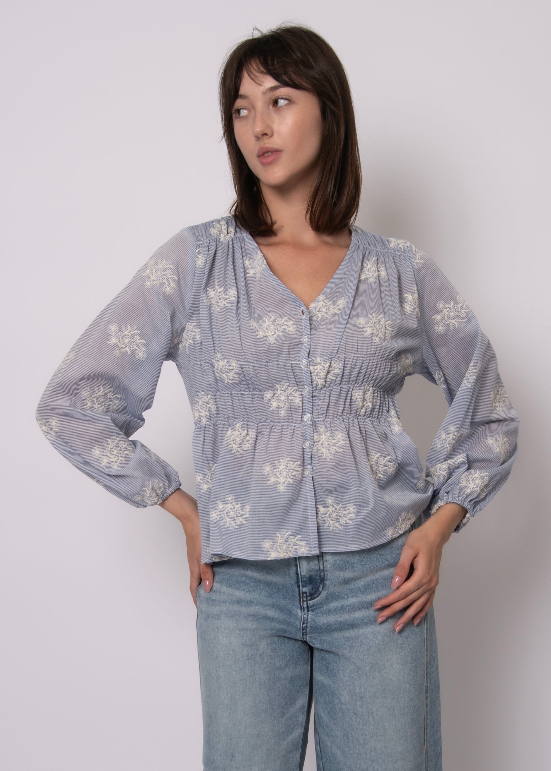 ANA LONG SLEEVE BUTTON BLOUSE - BLUE