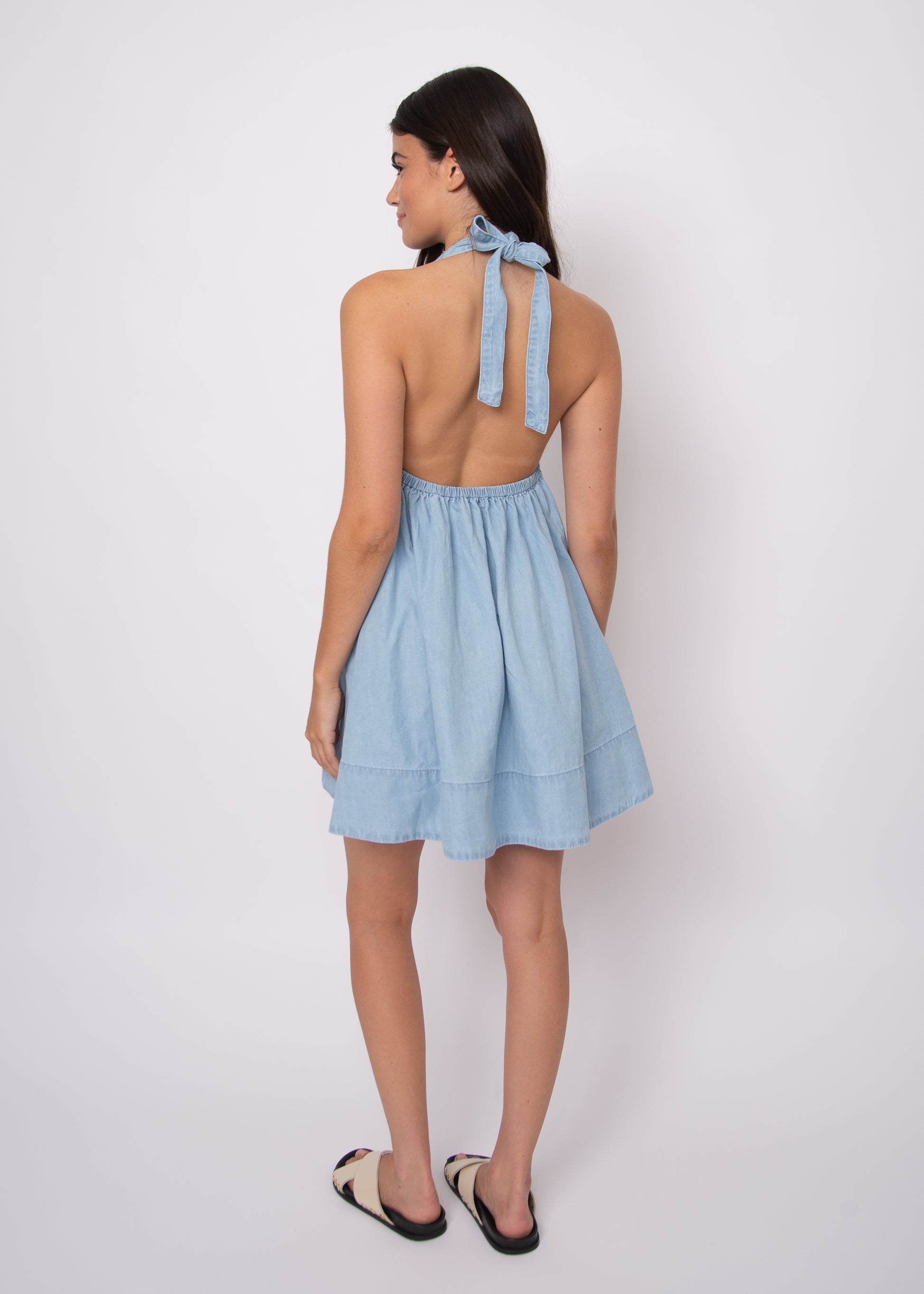 KARIE DENIM HALTER MINI DRESS - STONE WASH BLUE
