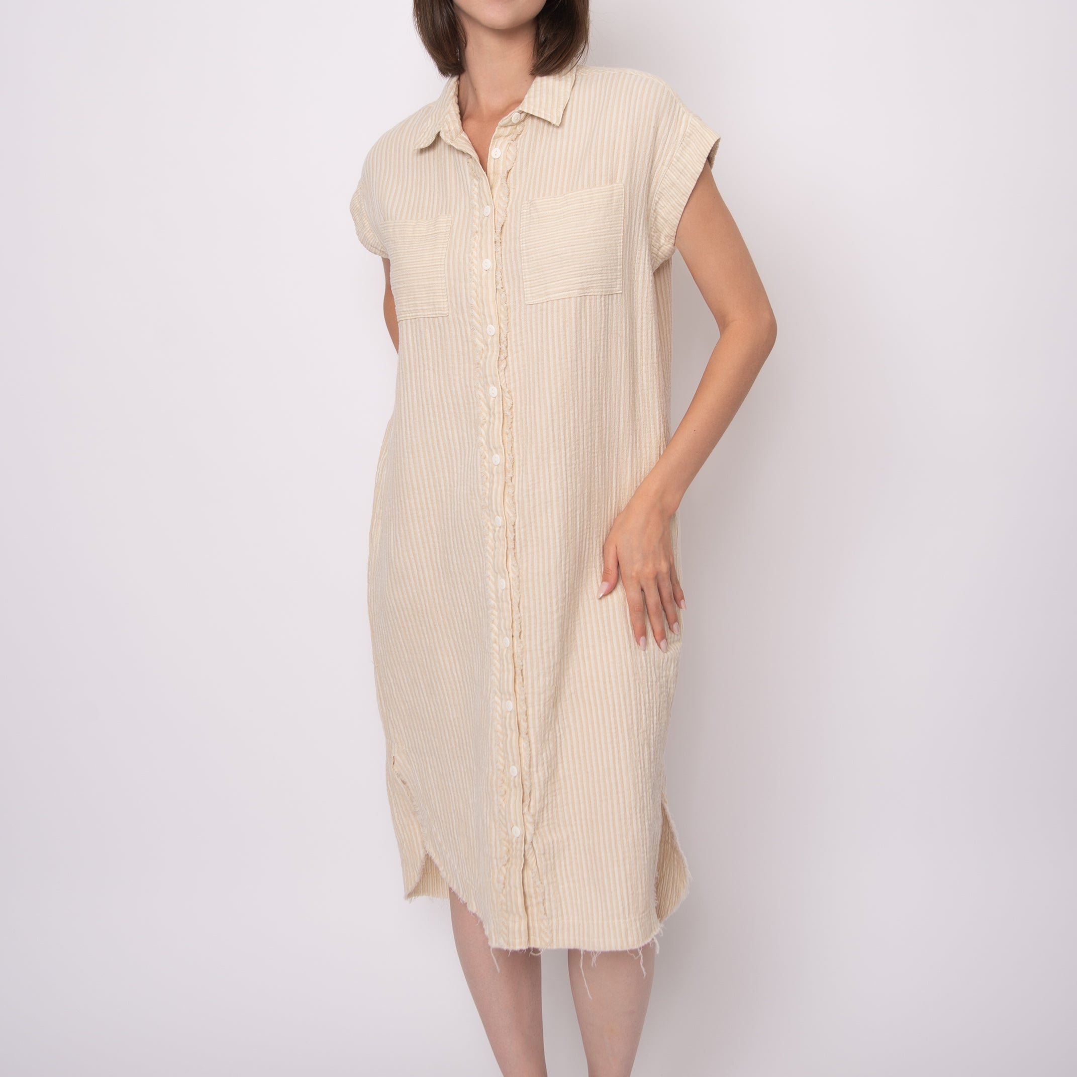AIRA DOUBLE GAUZE STRIPE MIDI DRESS - STONE OFF WHITE