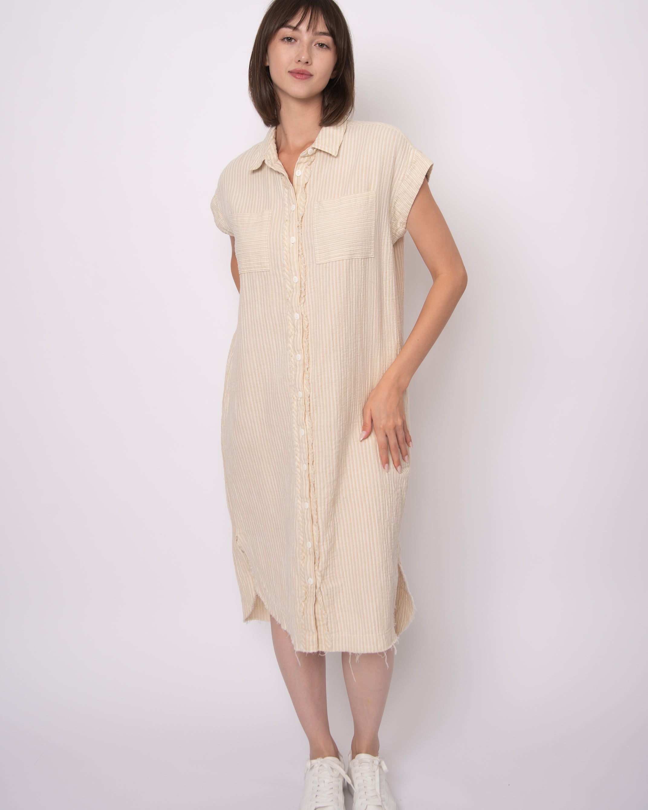 AIRA DOUBLE GAUZE STRIPE MIDI DRESS - STONE OFF WHITE