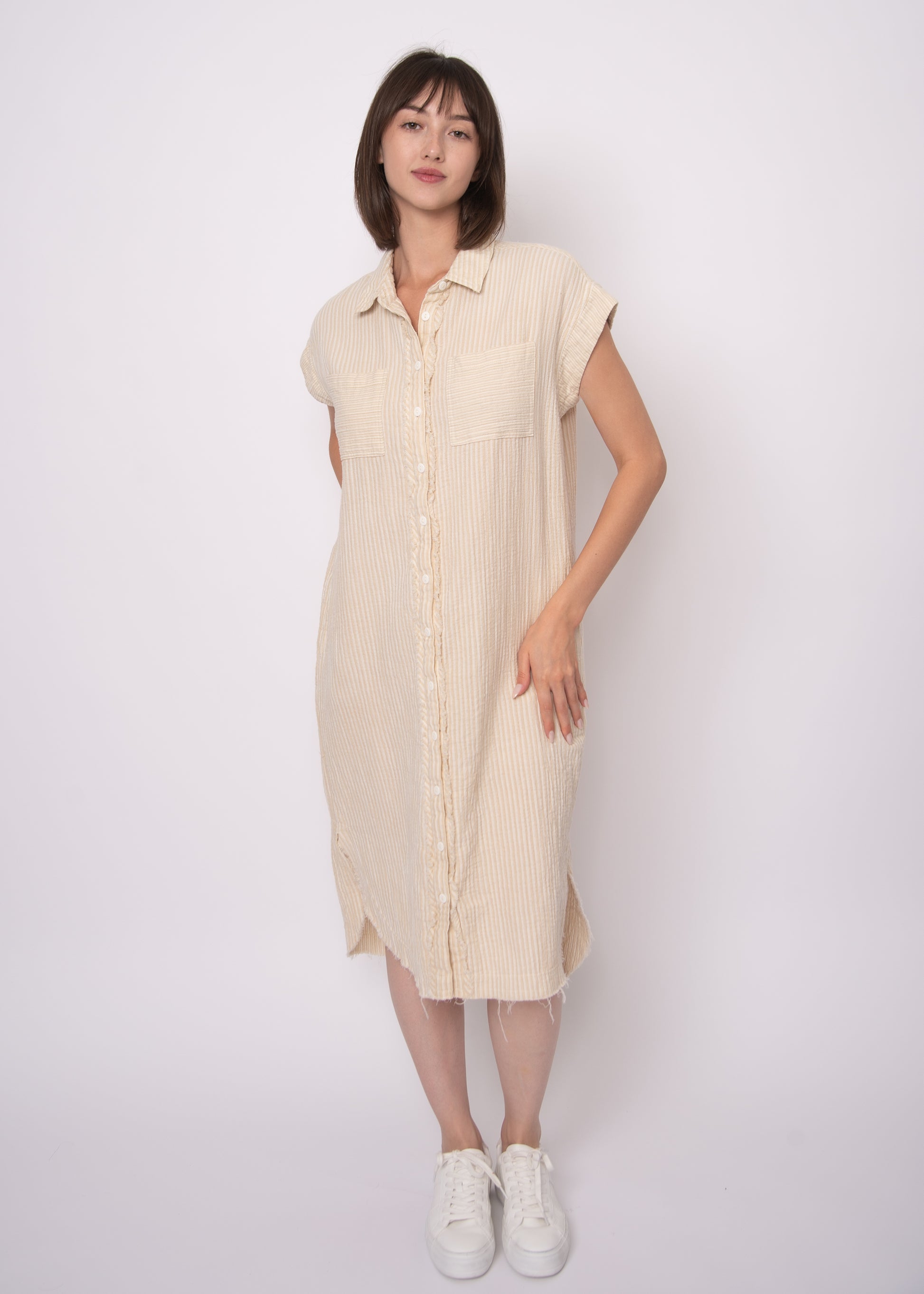 AIRA DOUBLE GAUZE STRIPE MIDI DRESS - STONE OFF WHITE