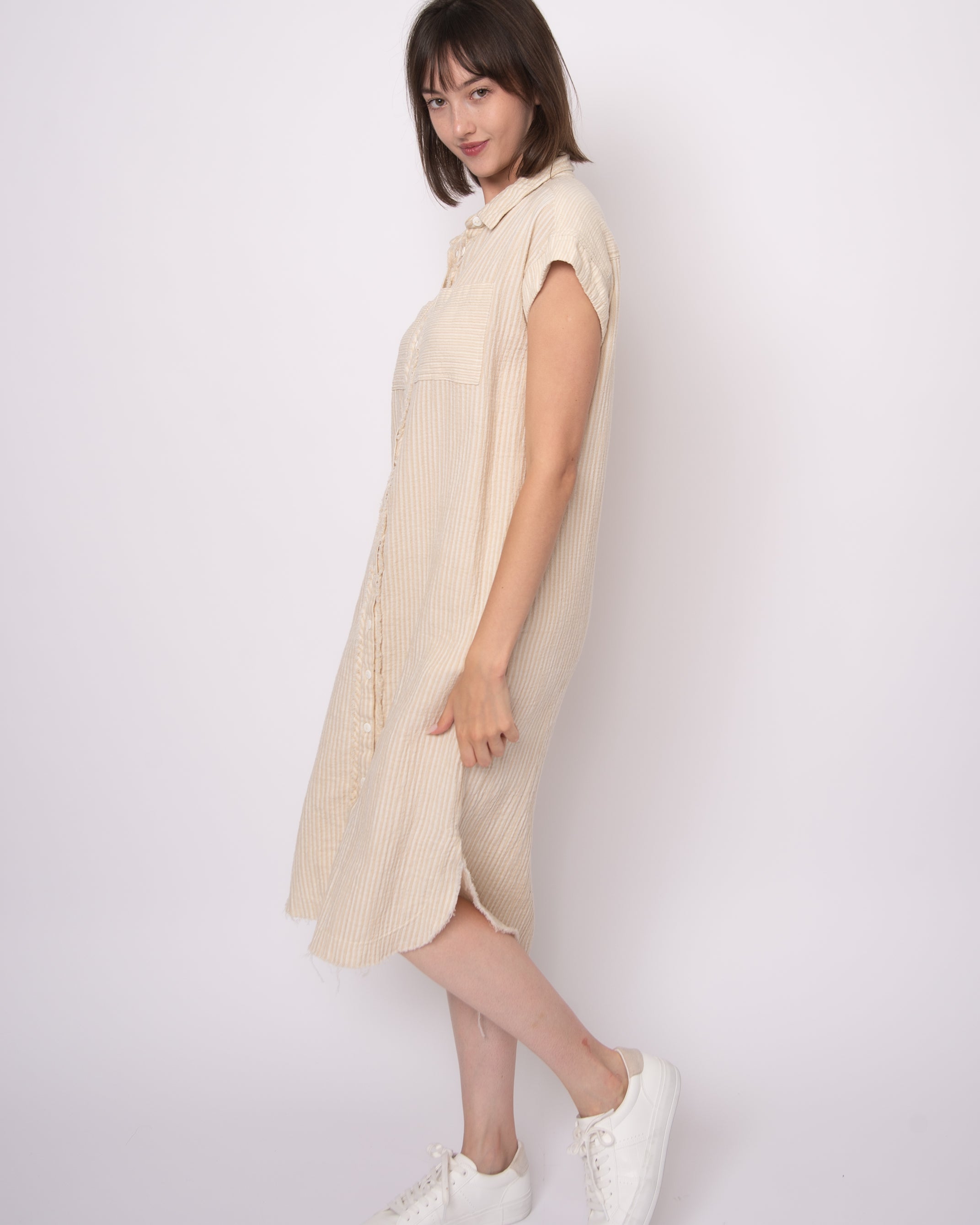 AIRA DOUBLE GAUZE STRIPE MIDI DRESS - STONE OFF WHITE