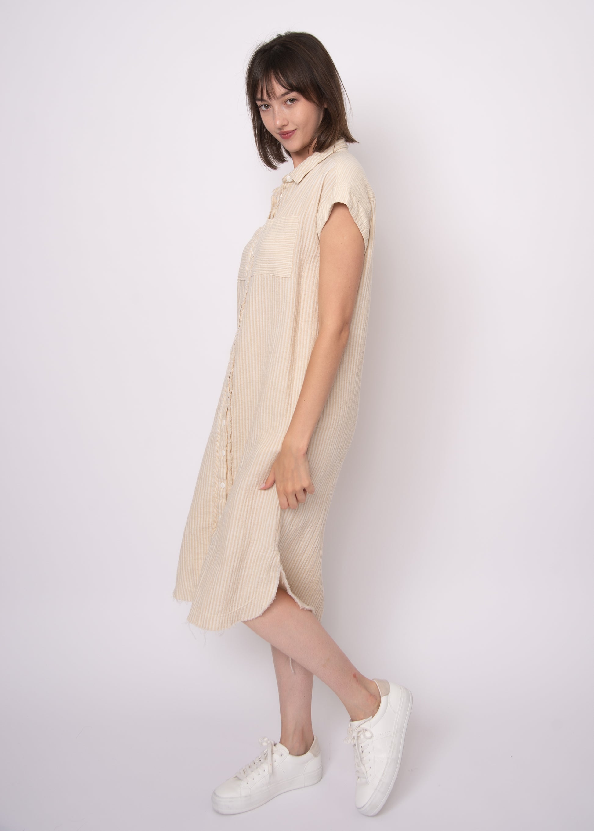 AIRA DOUBLE GAUZE STRIPE MIDI DRESS - STONE OFF WHITE