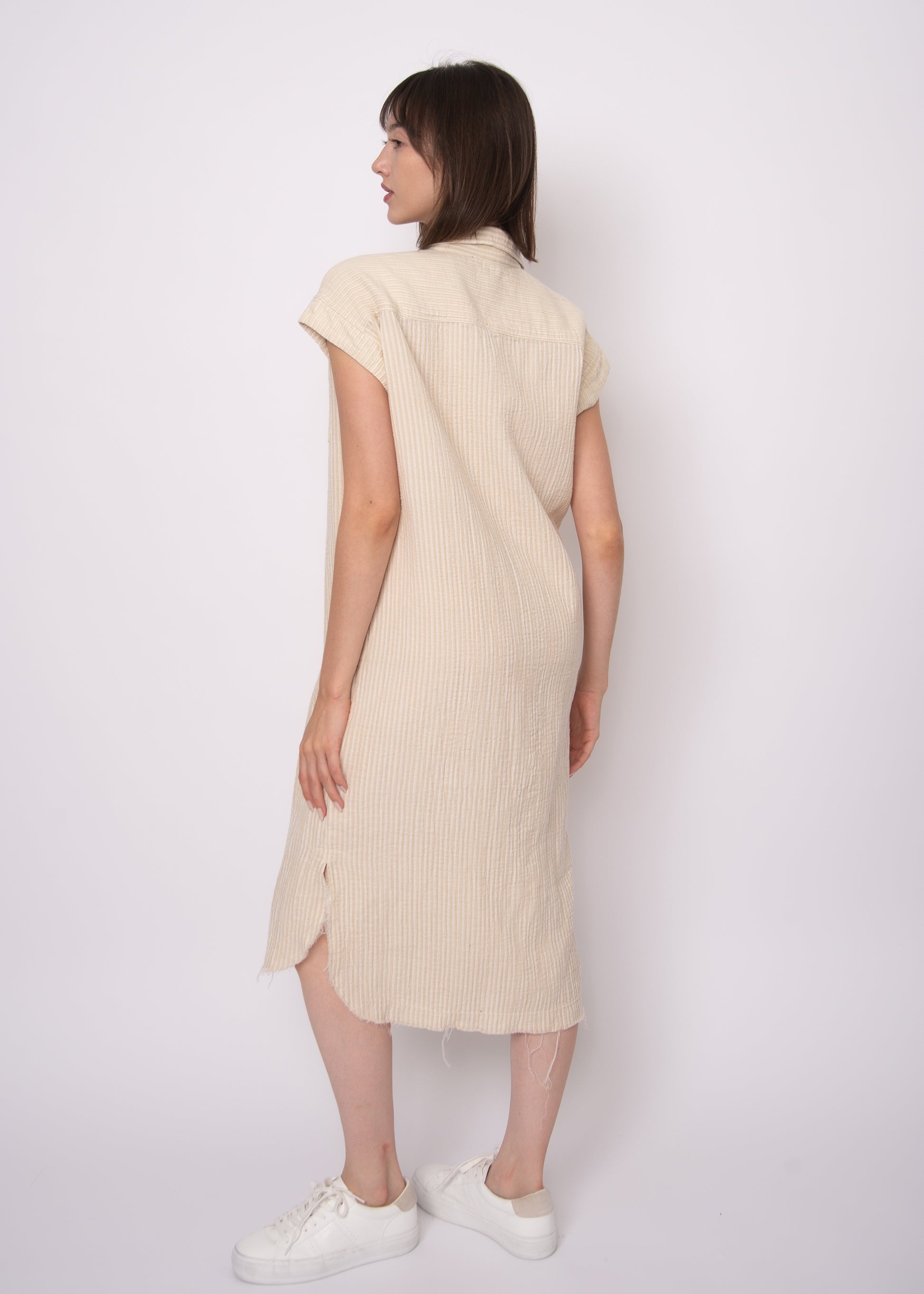 AIRA DOUBLE GAUZE STRIPE MIDI DRESS - STONE OFF WHITE