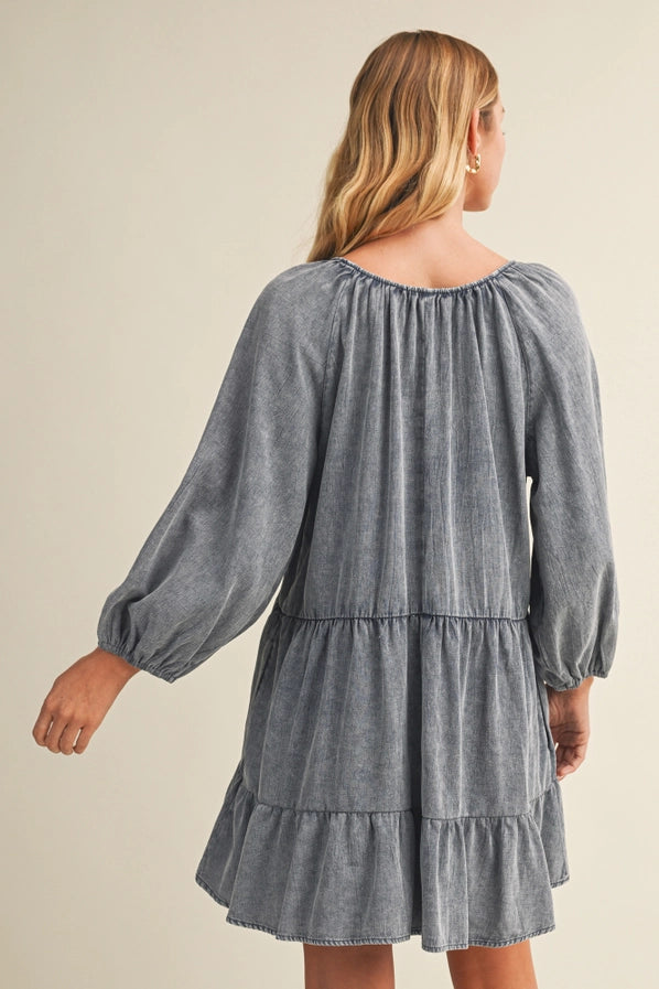 V NECK WASHED TIERED DRESS - INK INDIGO