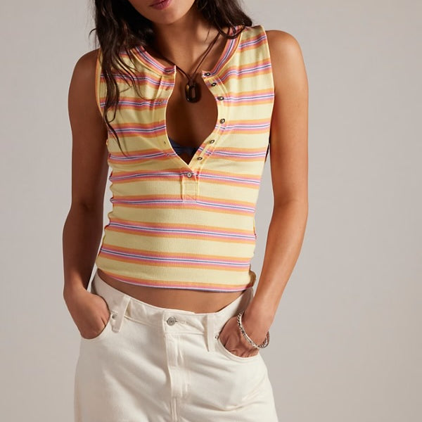 FREE PEOPLE JAMIE STRIPE HENLEY - BUTTER YELLOW COMBO