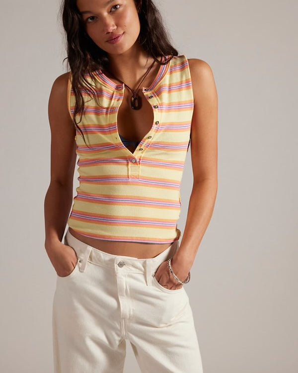 FREE PEOPLE JAMIE STRIPE HENLEY - BUTTER YELLOW COMBO