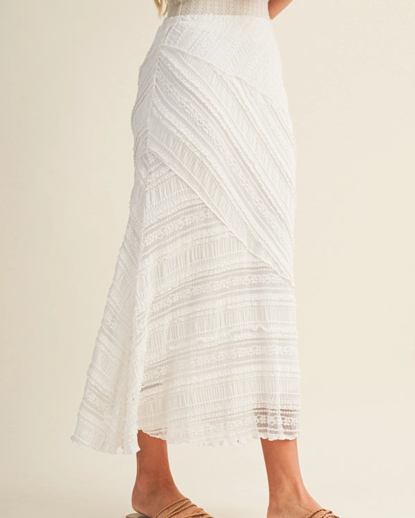 AMALFI TEXTURED DIAGONAL LACE MIDI SKIRT - OFF WHITE