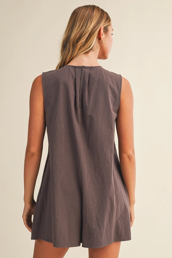 CHASING SUNSETS TIED FRONT PLEATED SL ROMPER - DUSTY WOOD
