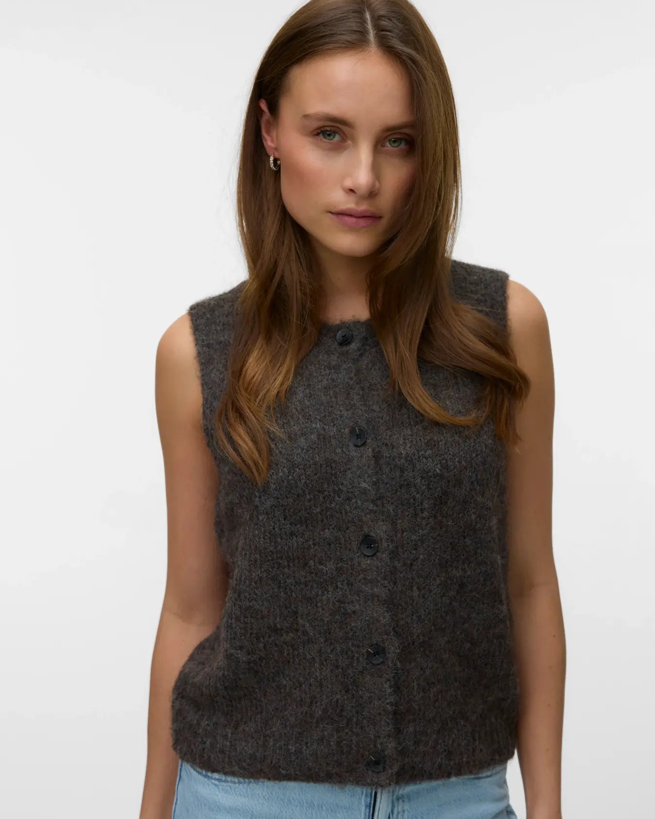 VM NOVAH O NECK BUTTON VEST - CHOCOLATE MELANGE