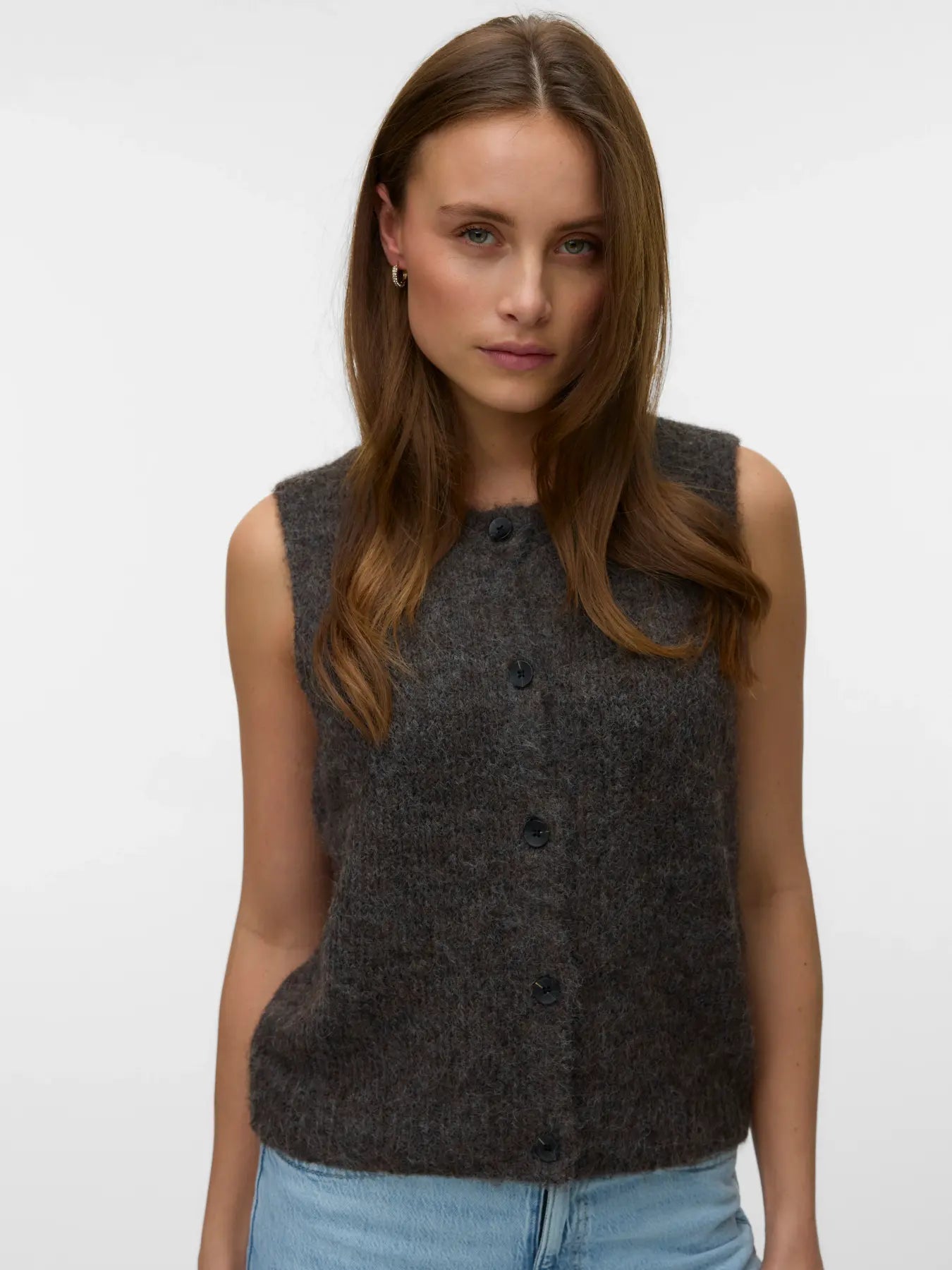 VM NOVAH O NECK BUTTON VEST - CHOCOLATE MELANGE