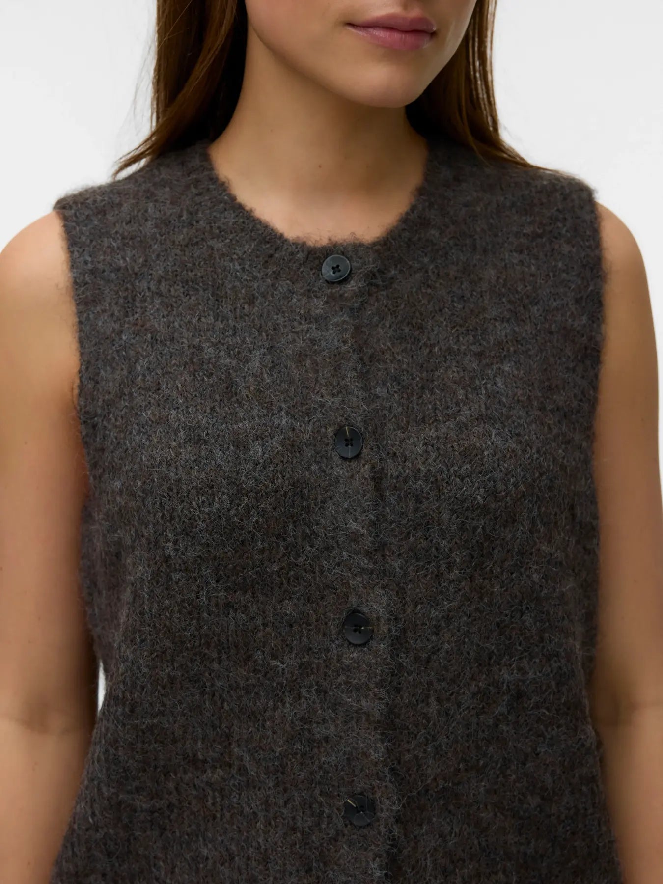 VM NOVAH O NECK BUTTON VEST - CHOCOLATE MELANGE
