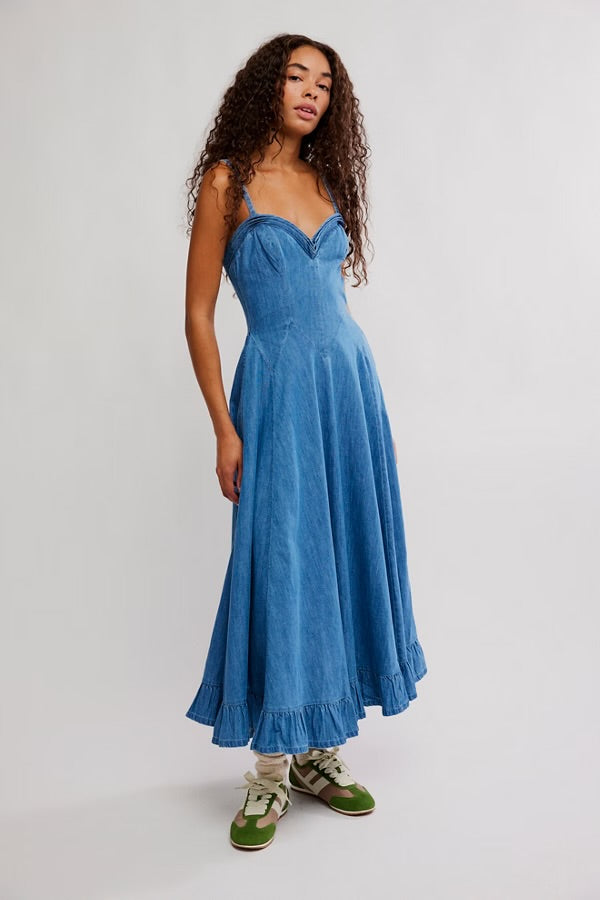 FREE PEOPLE ANOTHER SEASON DENIM MIDI DRESS - BOARDWALK BLUE