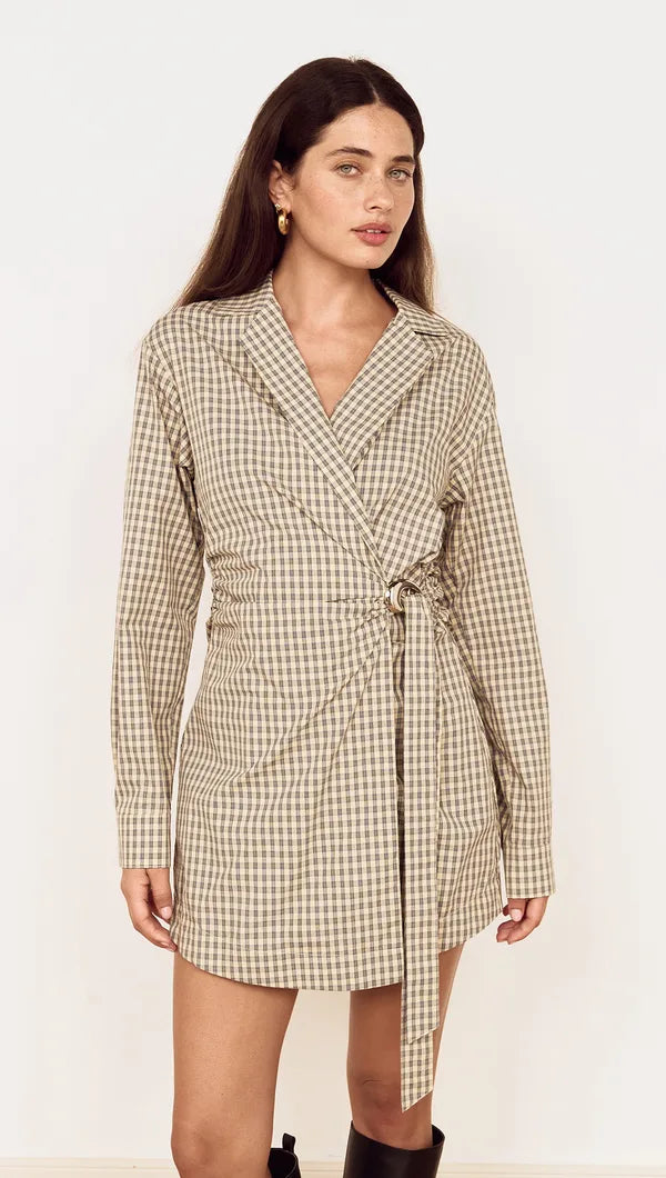 MINKPINK MILA WRAP COTTON PLAID DRESS - CHECK