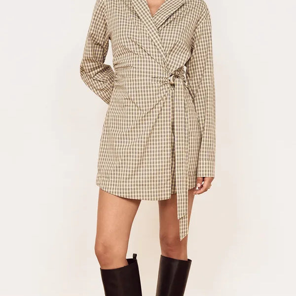 MINKPINK MILA WRAP COTTON PLAID DRESS - CHECK