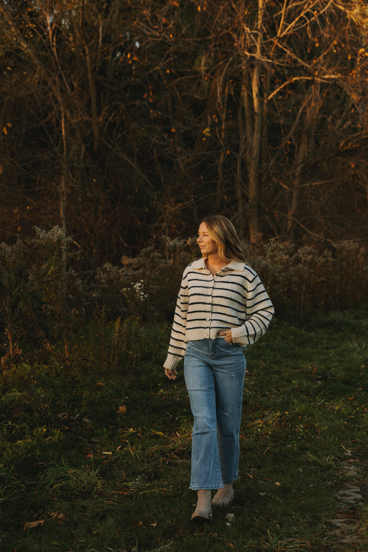 CANDICE KNITTED STRIPED CARDIGAN - NAVY