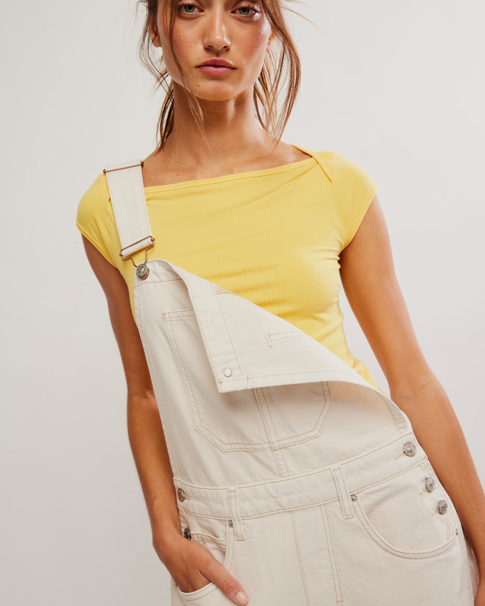 FREE PEOPLE GOOD LUCK OVERALLS - MILK