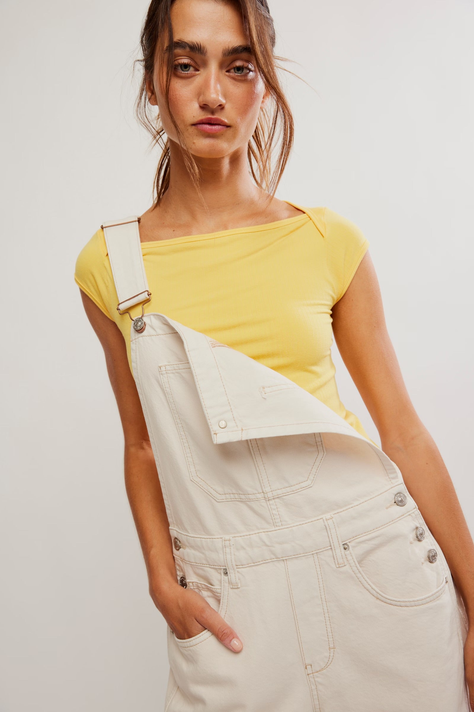 FREE PEOPLE GOOD LUCK OVERALLS - MILK