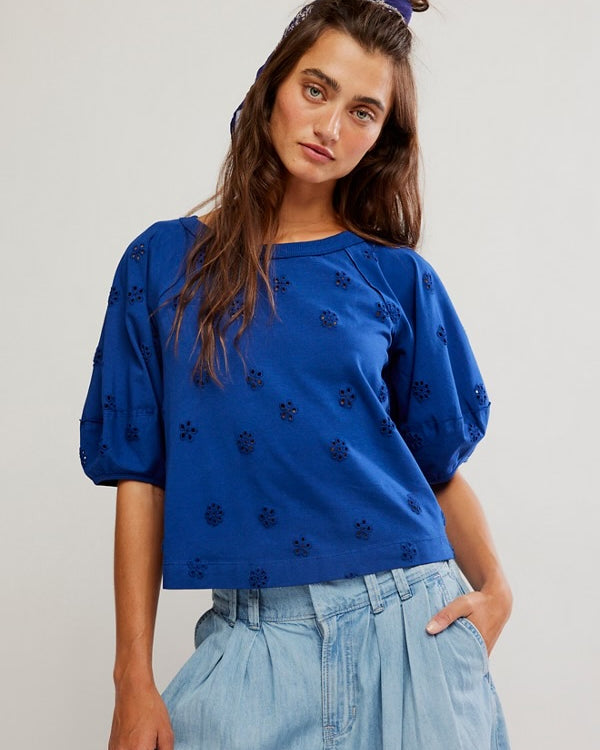 FREE PEOPLE JESSIE EYELET TEE - NAVY COMBO