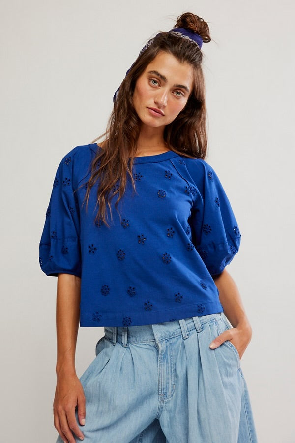FREE PEOPLE JESSIE EYELET TEE - NAVY COMBO