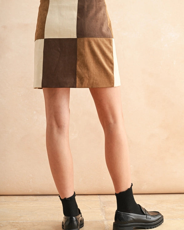 SKYLAR PATCH WORK SUEDE SKIRT - BROWN