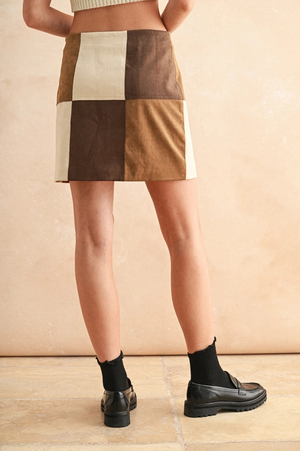 SKYLAR PATCH WORK SUEDE SKIRT - BROWN