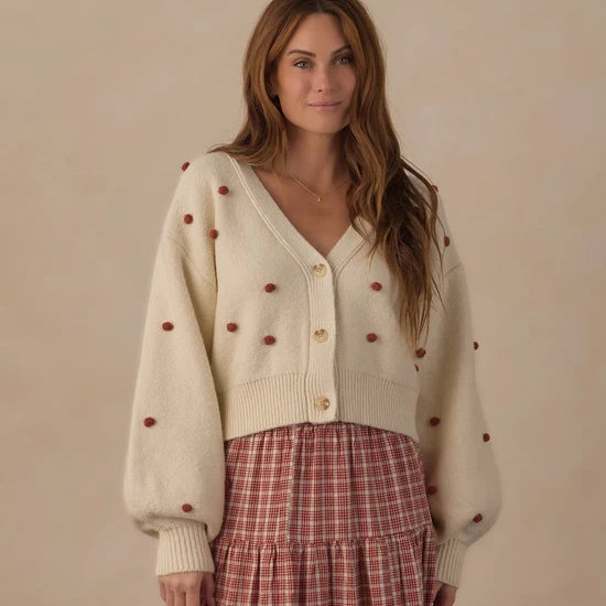 RYLEE + CRU BOXY CROP BOBBLE CARDIGAN - RUBY