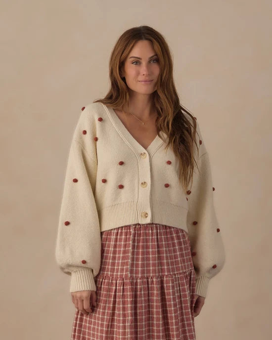 RYLEE + CRU BOXY CROP BOBBLE CARDIGAN - RUBY