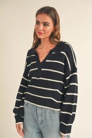 STRIPED COLLAR SWEATER - BLACK - LAST SIZE L