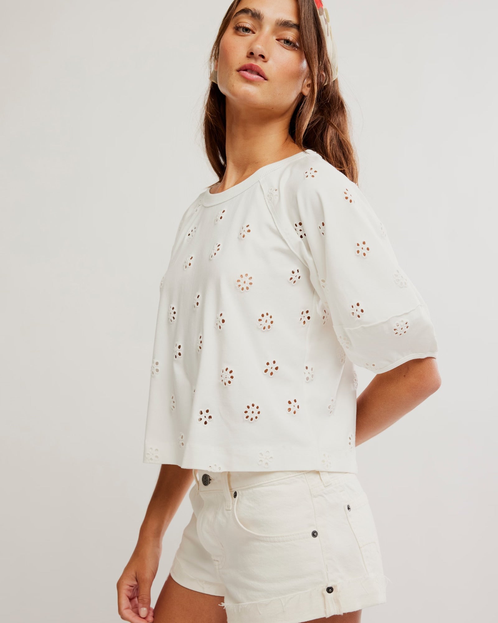 FREE PEOPLE JESSIE EYELET TEE - WHISPER WHITE