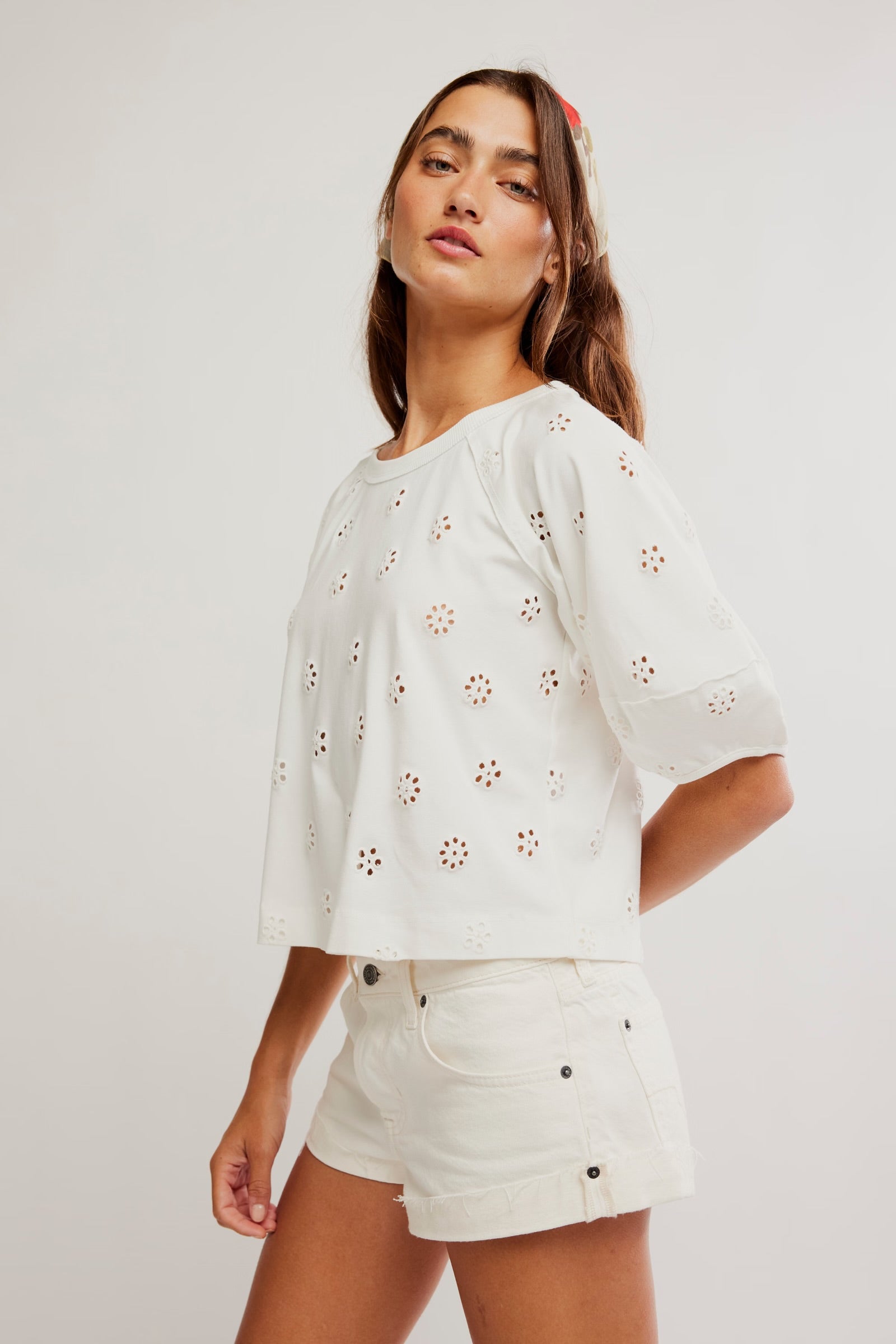 FREE PEOPLE JESSIE EYELET TEE - WHISPER WHITE