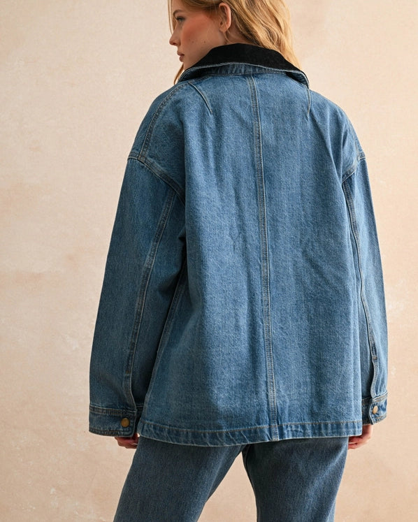 CORDUROY COLLAR DENIM UTILITY JACKET - DARK WASH