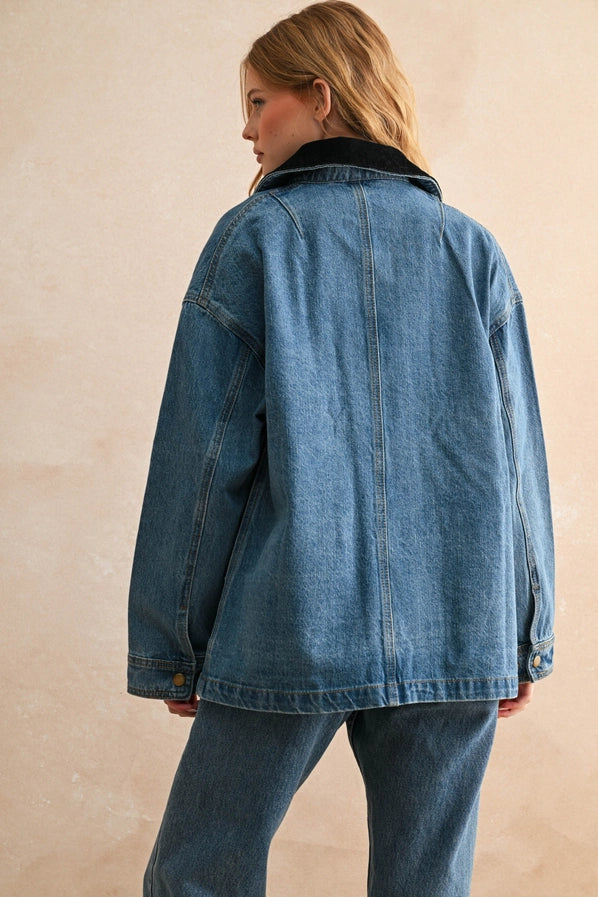 CORDUROY COLLAR DENIM UTILITY JACKET - DARK WASH