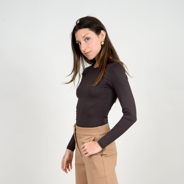 ROXI LONG SLEEVE TOP - DARK BROWN