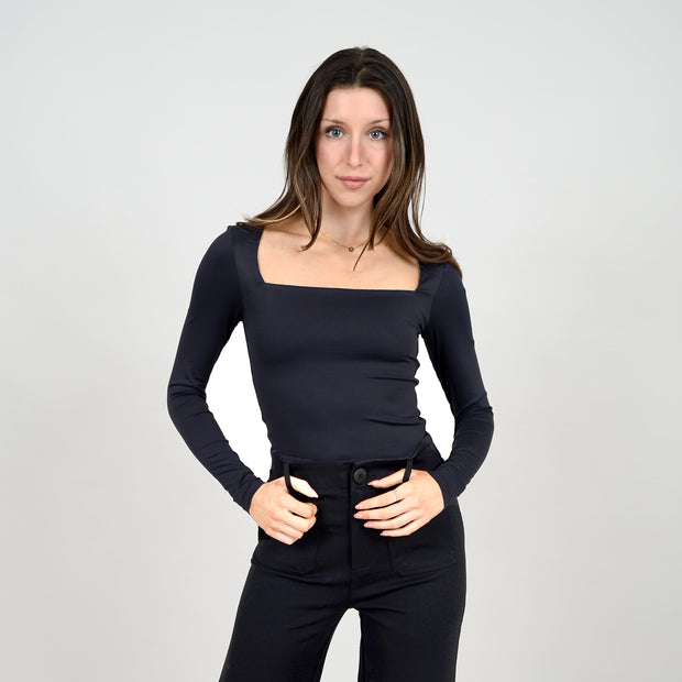 STACY SQUARE NECK LONG SLEEVE TOP - BLACK