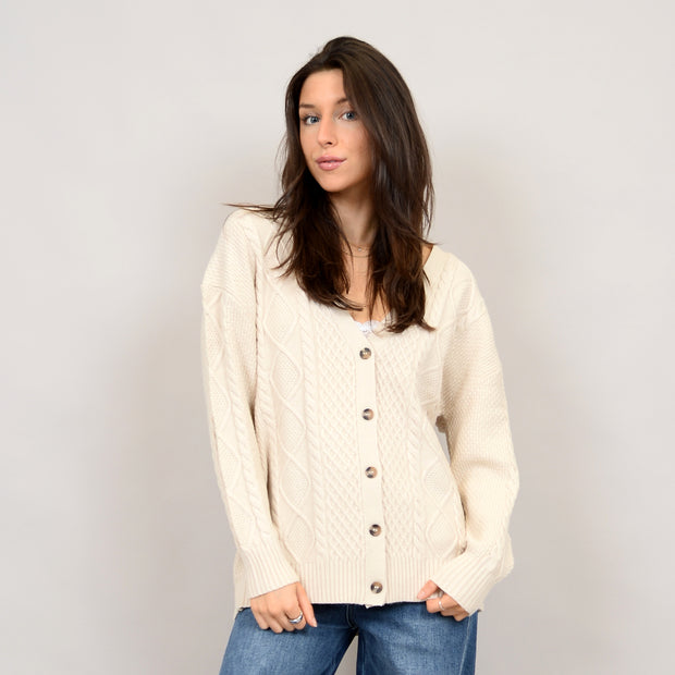 VEIRA LONG SLEEVE V NECK CARDIGAN - WHITE BEACH