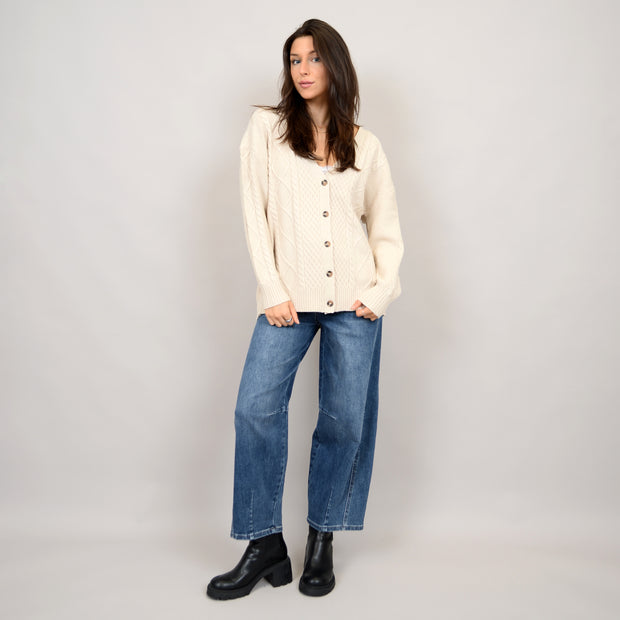 VEIRA LONG SLEEVE V NECK CARDIGAN - WHITE BEACH