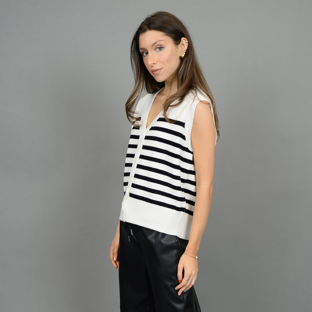 ZUNA STRIPED V NECK VEST - BLACK / WHITE - LAST SIZE L