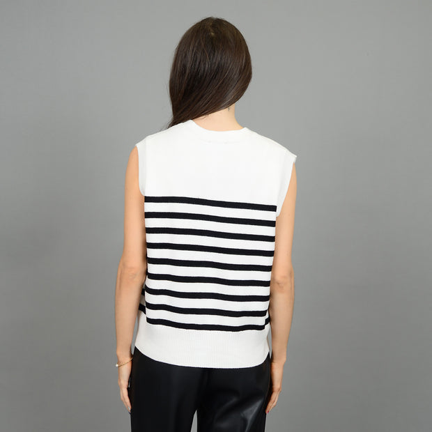 ZUNA STRIPED V NECK VEST - BLACK / WHITE - LAST SIZE L