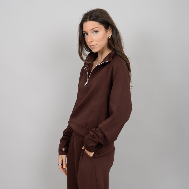 MAILYNA SUPER SOFT MODAL 1/4 ZIP HOODIE - CHOCOLATE