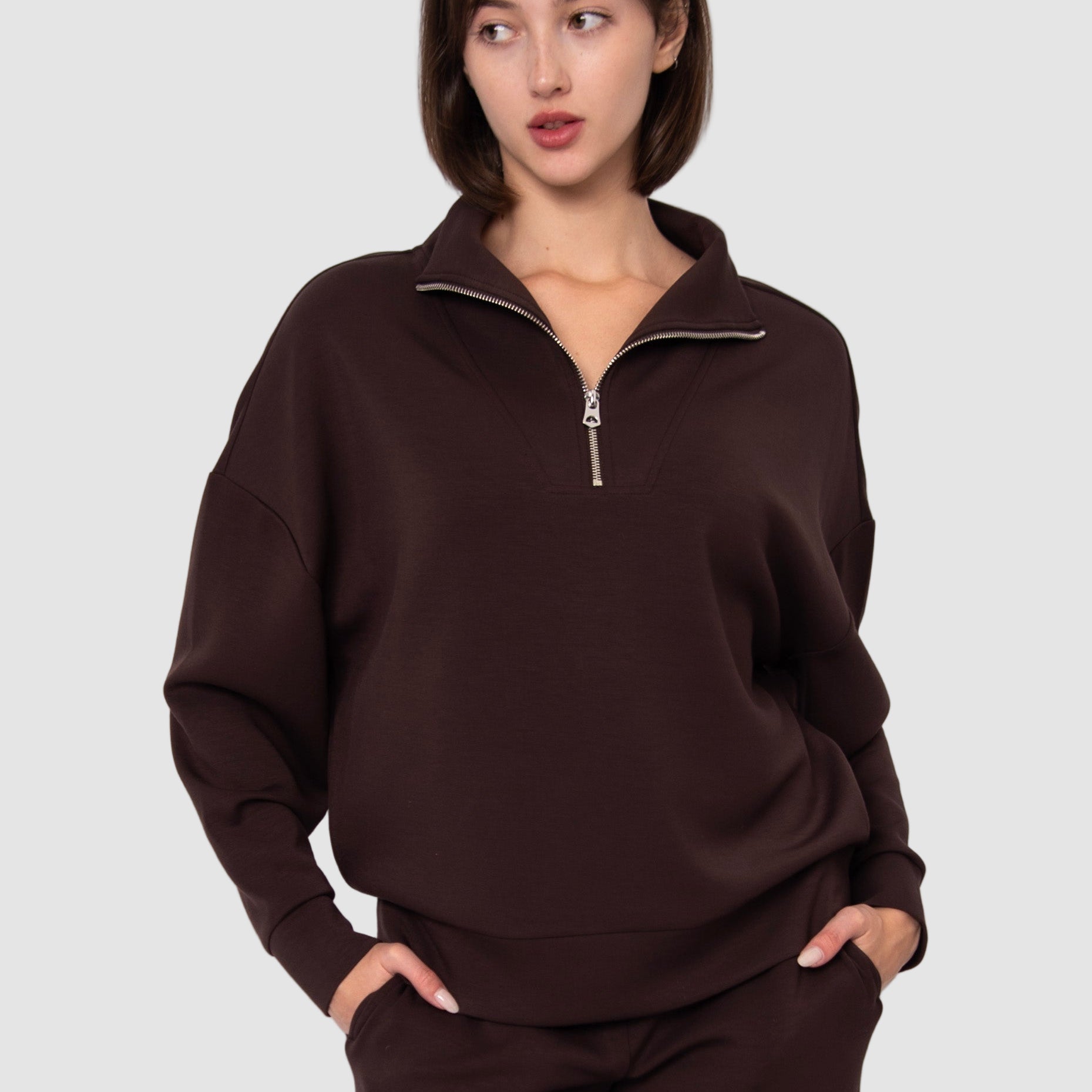 SEANNI SOFT KNIT HALF ZIP PULLOVER - BROWN
