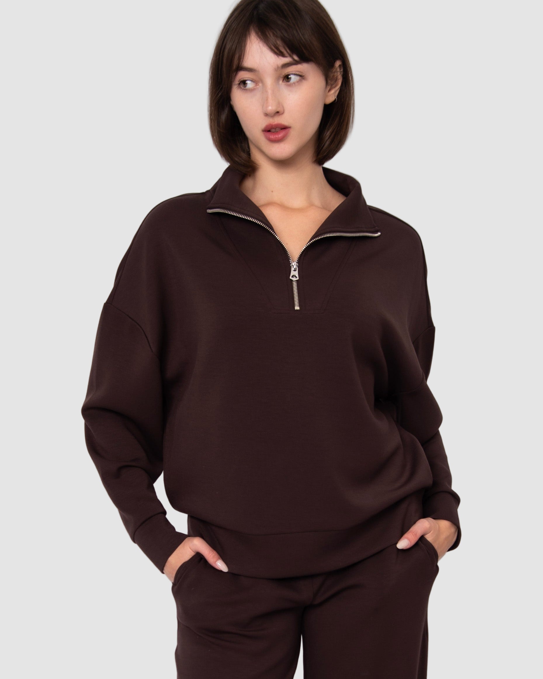 SEANNI SOFT KNIT HALF ZIP PULLOVER - BROWN