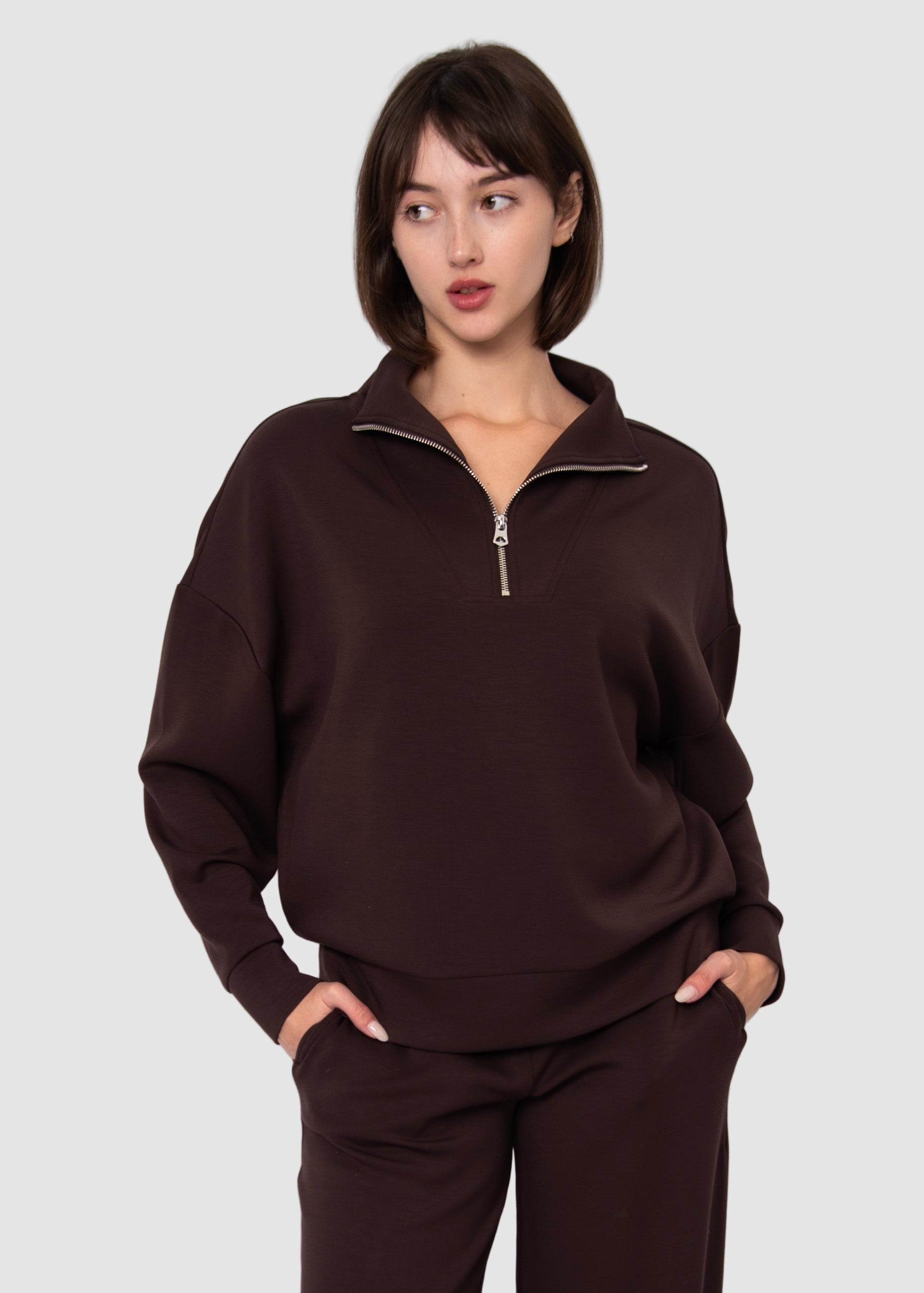 SEANNI SOFT KNIT HALF ZIP PULLOVER - BROWN