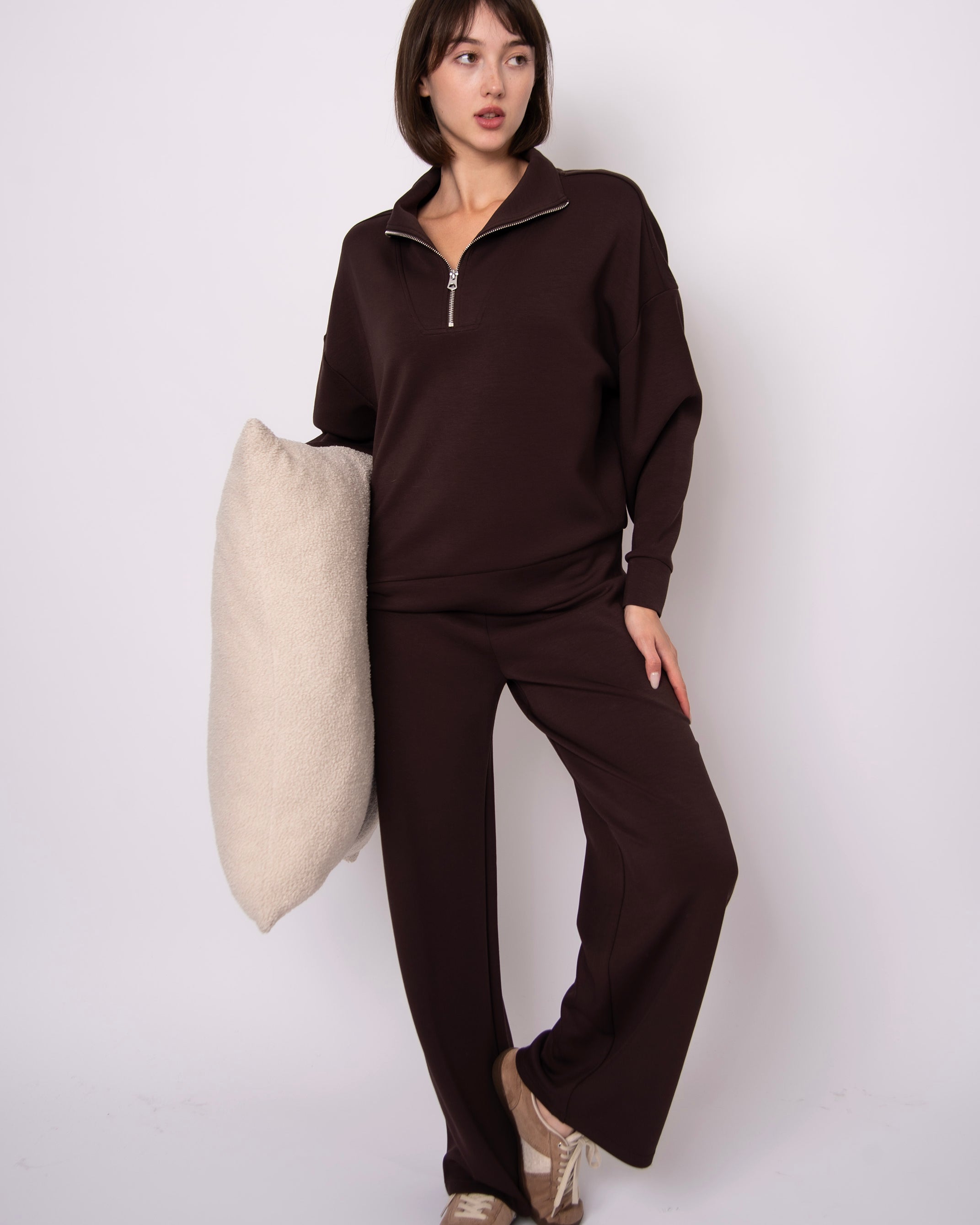 SEANNI SOFT KNIT HALF ZIP PULLOVER - BROWN