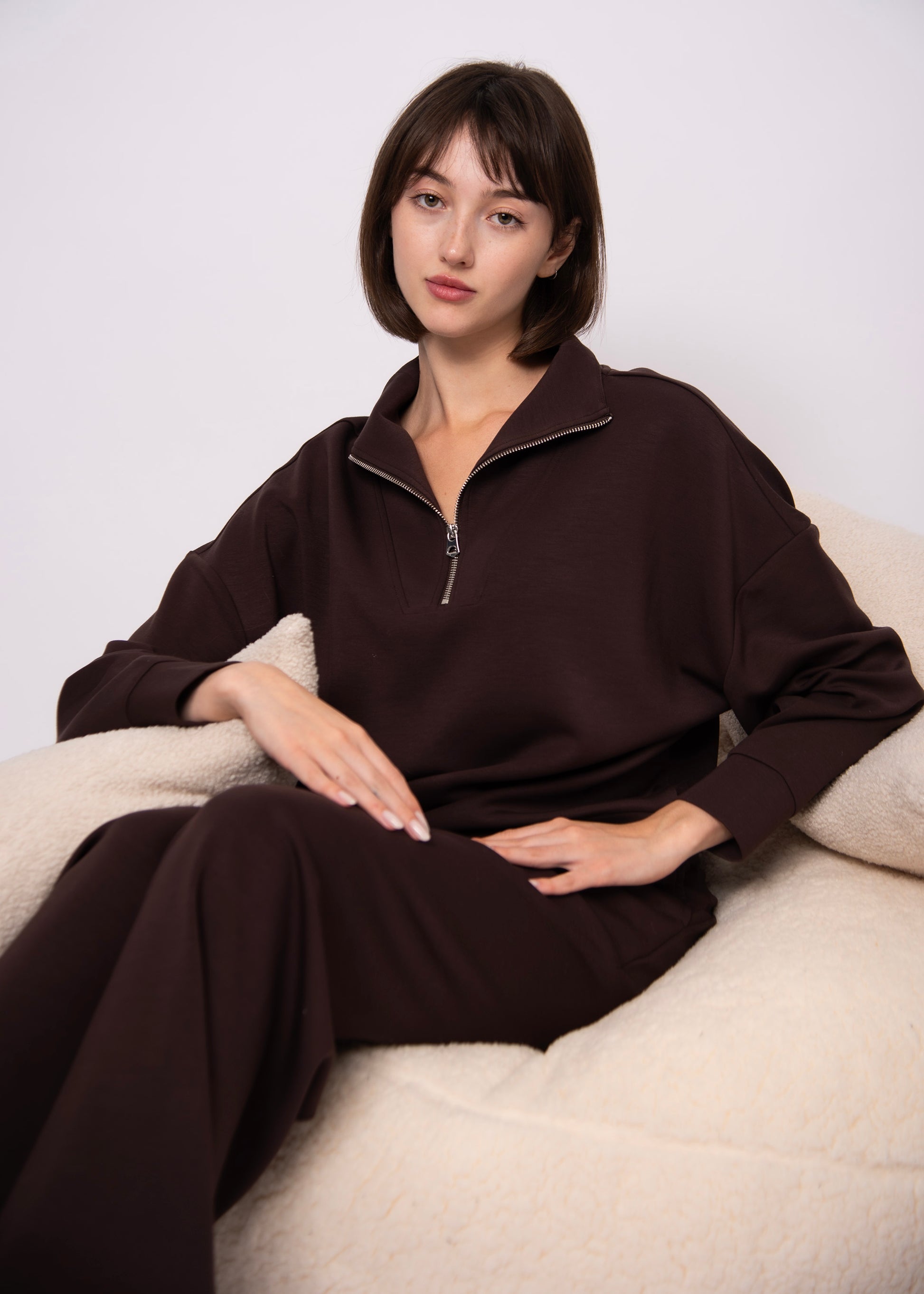SEANNI SOFT KNIT HALF ZIP PULLOVER - BROWN