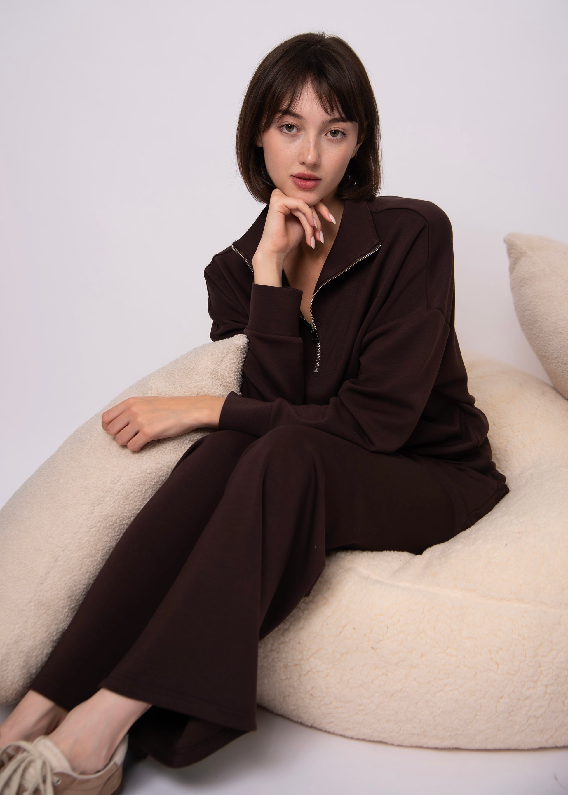 SEANNI SOFT KNIT HALF ZIP PULLOVER - BROWN