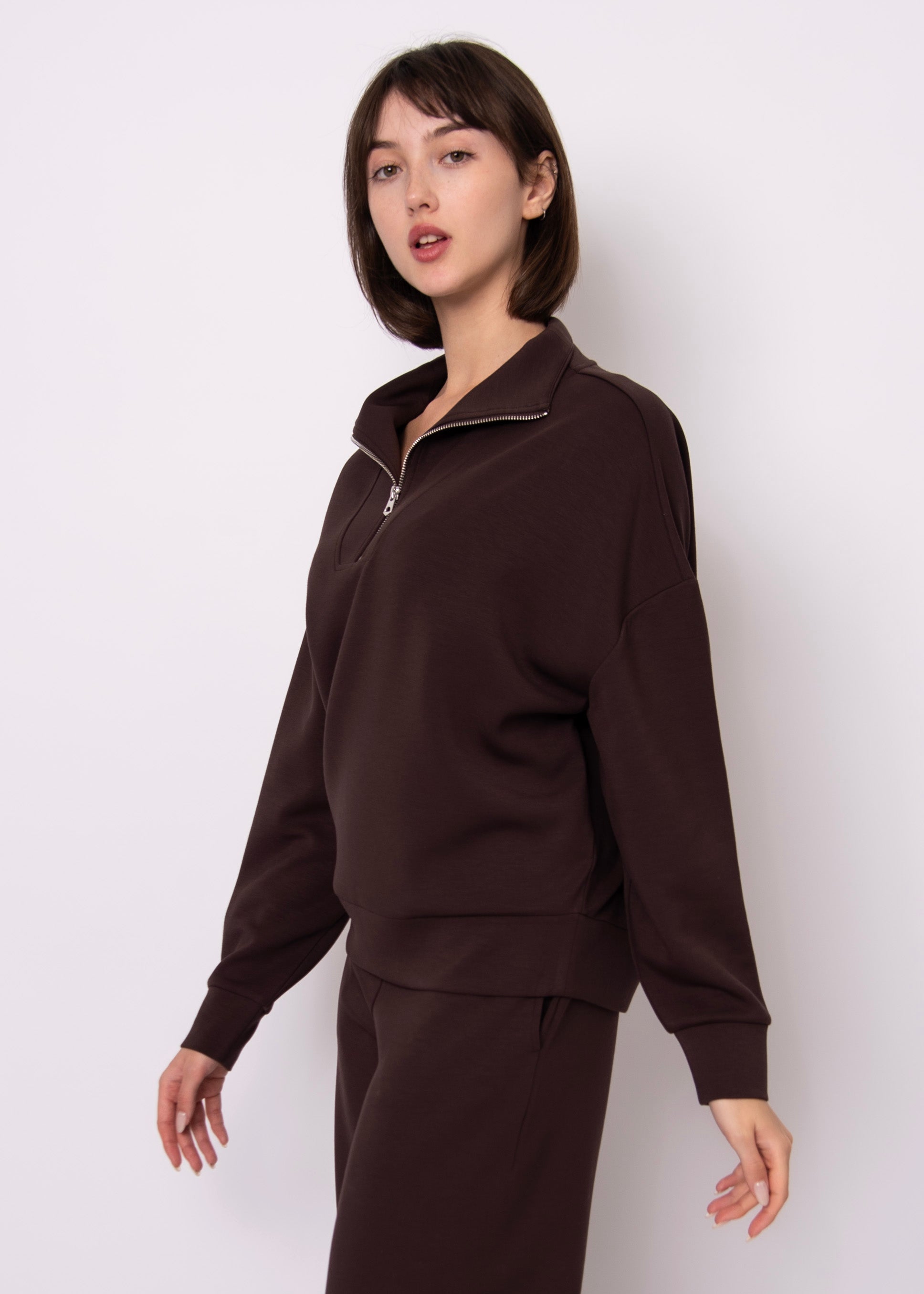 SEANNI SOFT KNIT HALF ZIP PULLOVER - BROWN