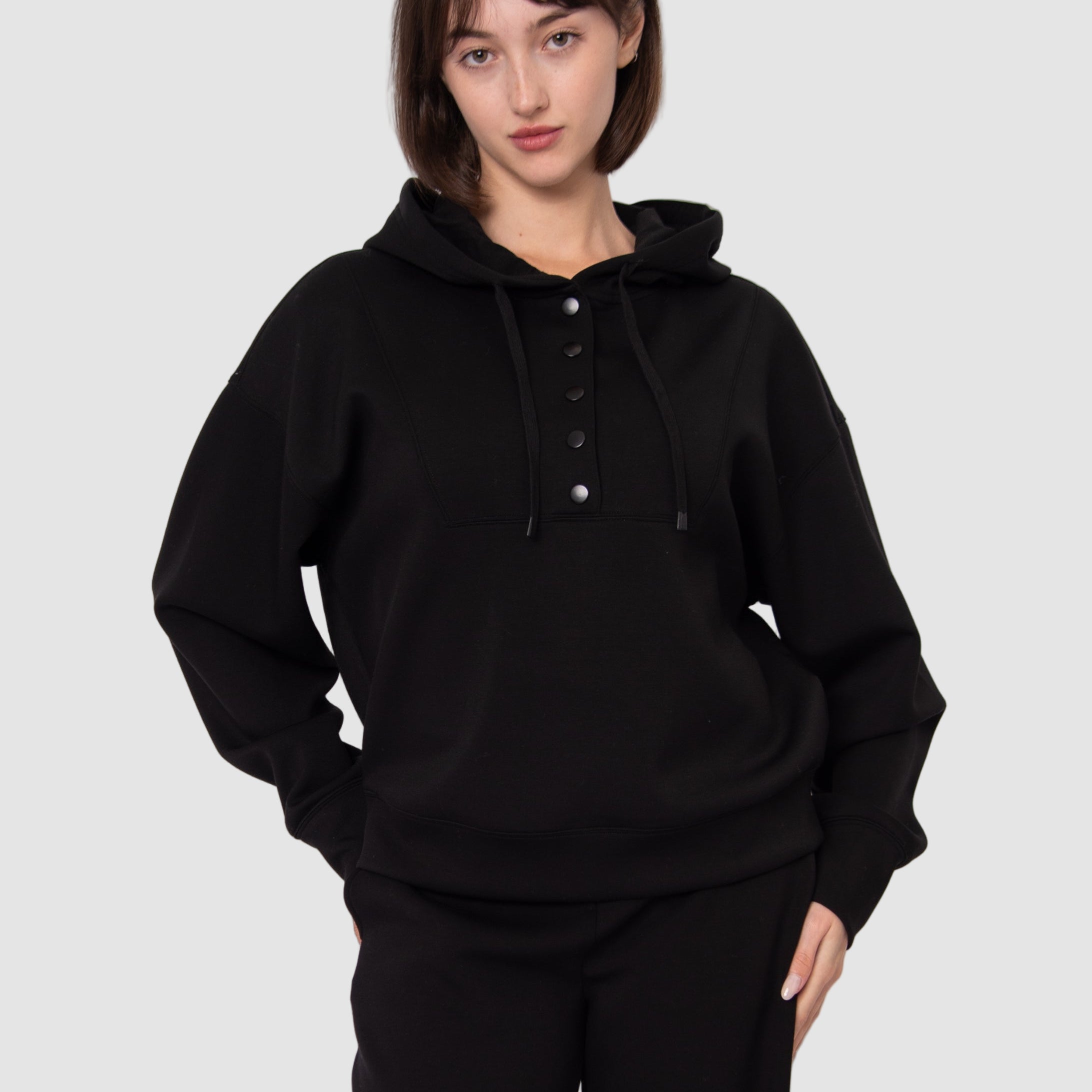 SALLIE SOFT KNIT SNAP FRONT HOODIE - BLACK