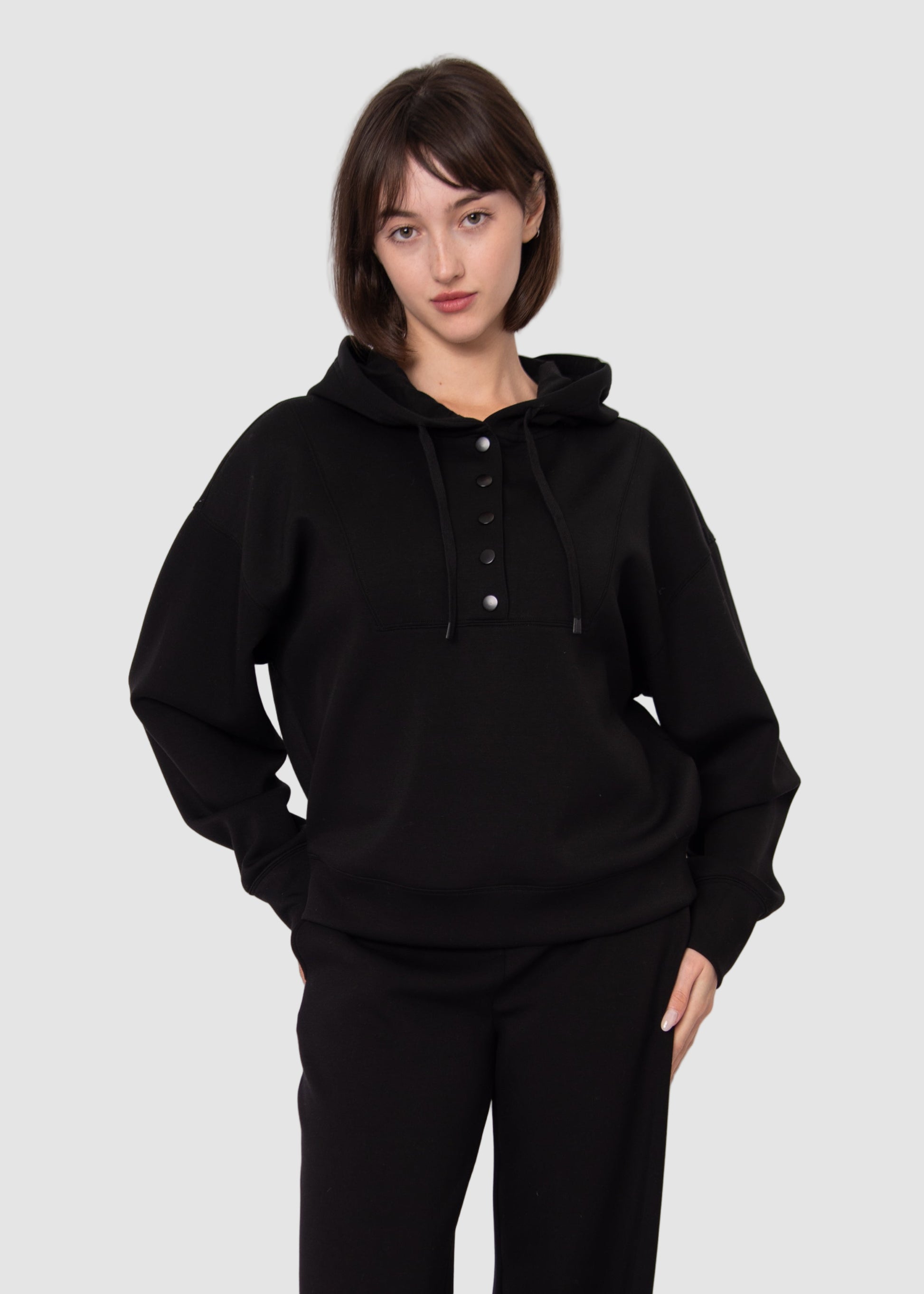 SALLIE SOFT KNIT SNAP FRONT HOODIE - BLACK