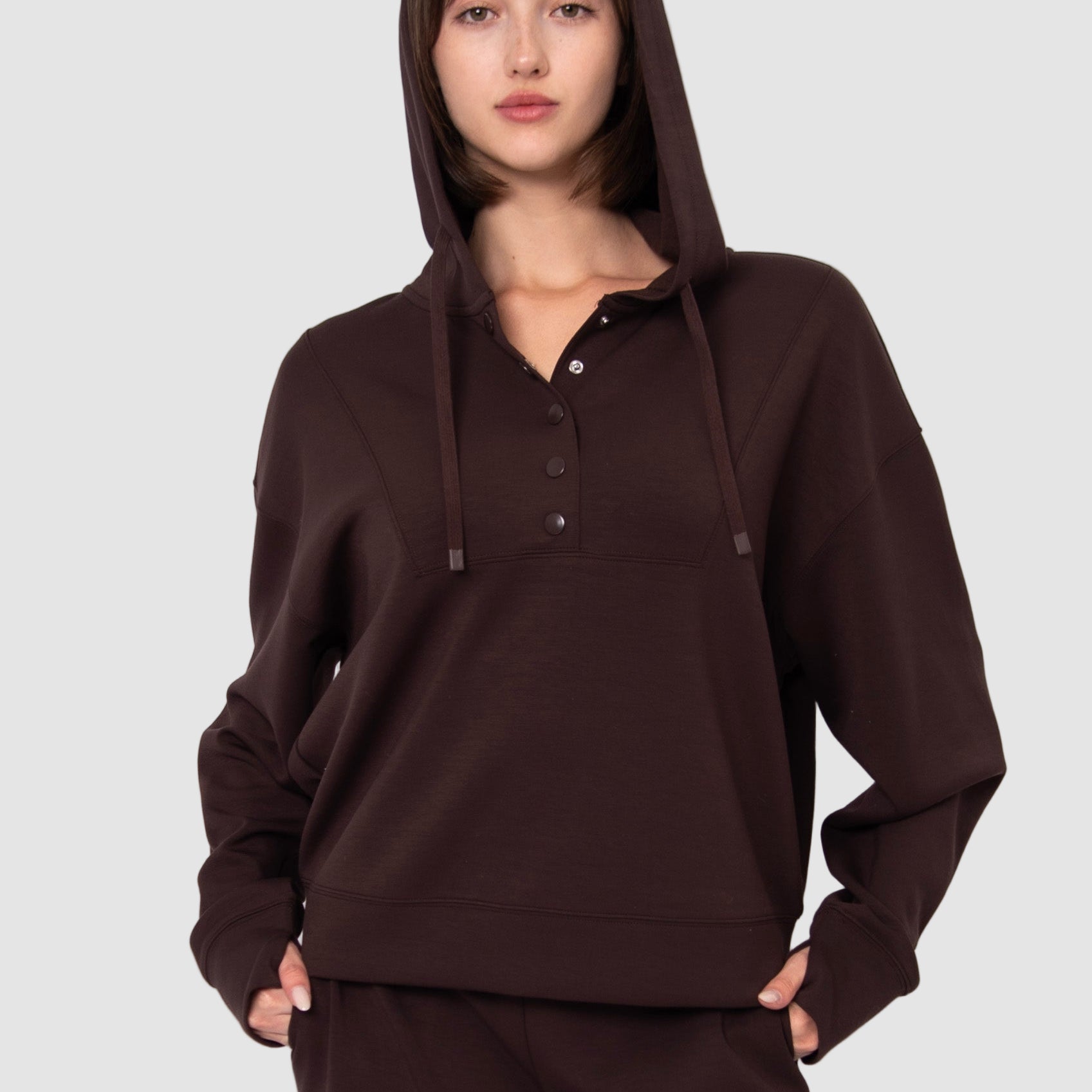 SALLIE SOFT KNIT SNAP FRONT HOODIE - BROWN